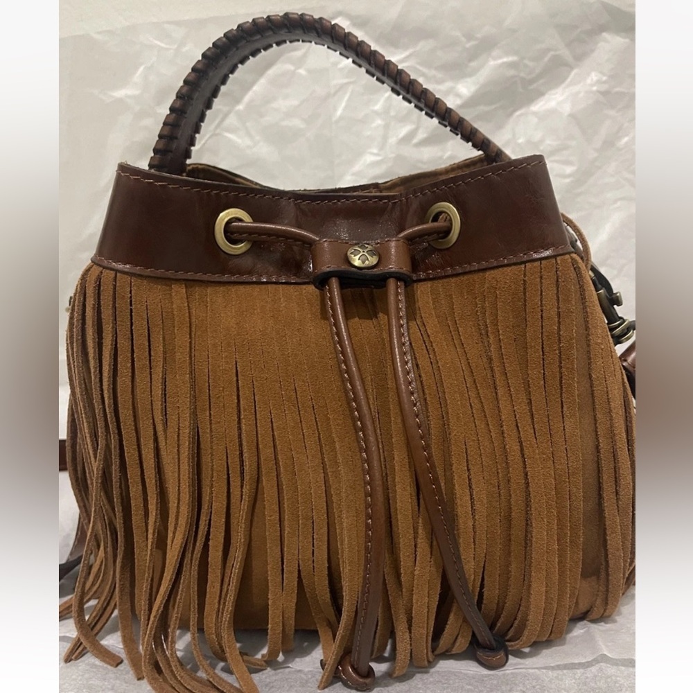 Patricia Nash Elisa Bucket Fringe Suede Nubuck Leather CognacHandbag Crossbody